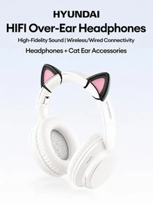 HYUNDAI HY-T02MAX 包耳式藍牙耳機，附貓耳配件，5.4 HIFI 高解析音質，深沉低音，精準降噪，低延遲，適用音樂、運動、遊戲，長效續航，商務使用，通用於手機、平板、電腦 - 白色+貓耳朵 - 查看 2
