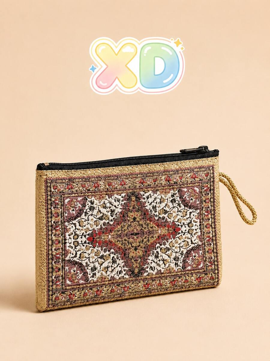 XD復古金線刺繡迷你零錢包 中東風百搭女款卡夾 多層隔層可收納現金、卡片與硬幣 精緻刺繡工藝手拿小包 質感女用小錢包 節日禮物 - 彩色 - 查看 1