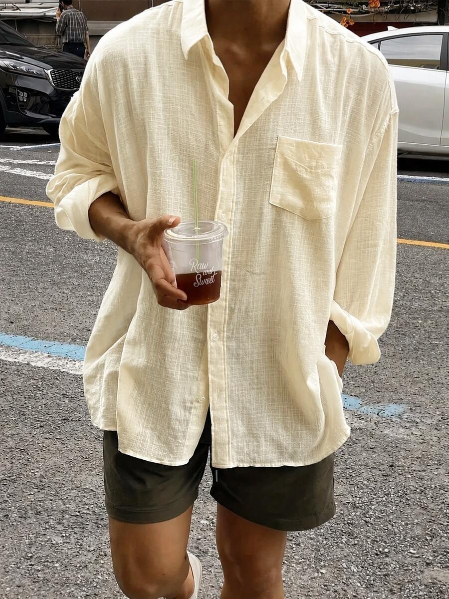 男士純色長袖單排扣口袋寬鬆休閒廓形襯衫，秋季