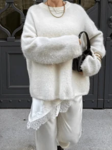 Sweater Rajut Longgar Minimalis Lembut untuk Wanita Musim Gugur/Dingin - Aprikot - View 1