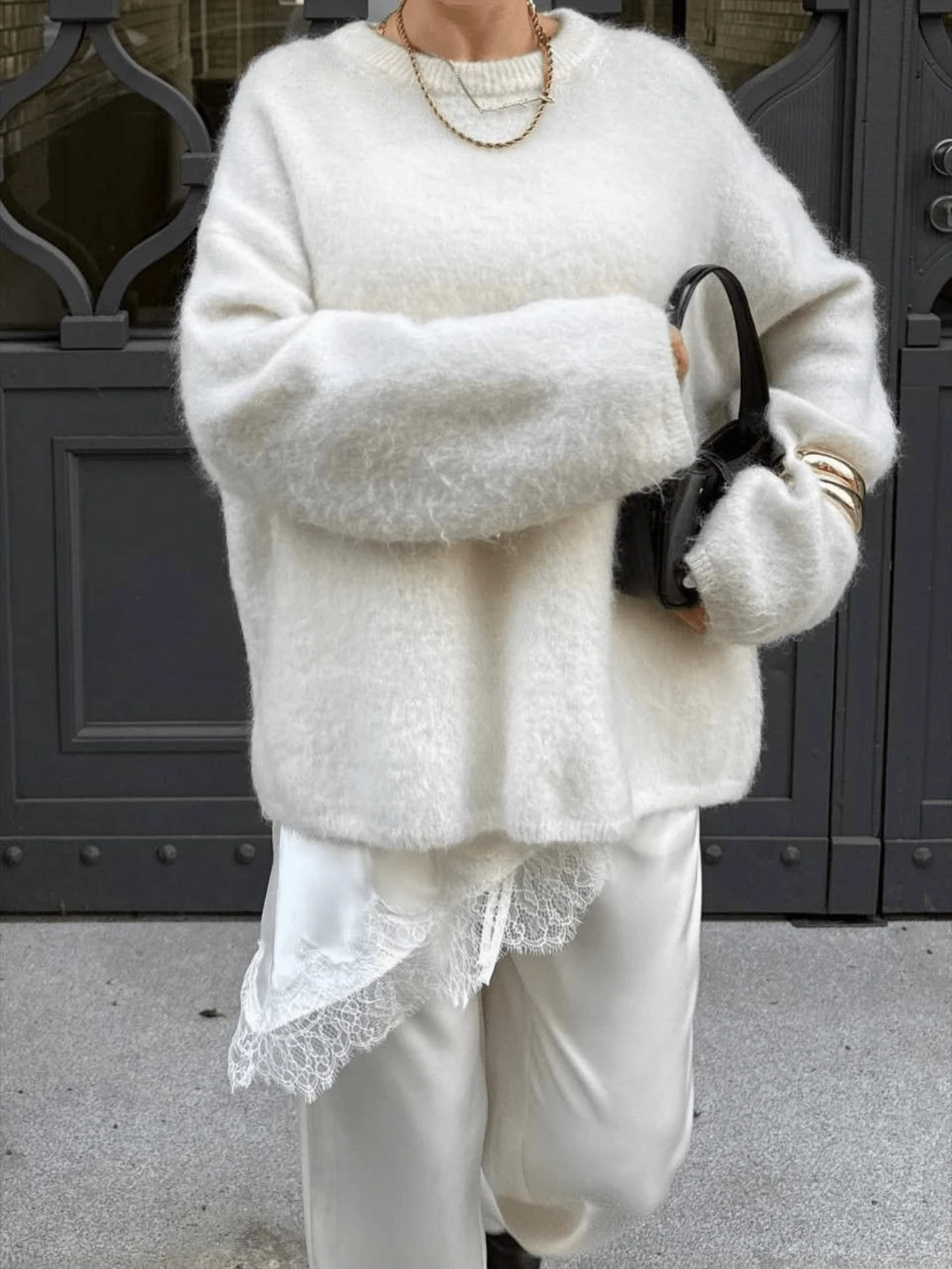 Sweater Rajut Longgar Minimalis Lembut untuk Wanita Musim Gugur/Dingin - Aprikot - View 1