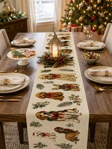 1pc Vintage Christmas Table Runner, Cute Puppy And Holly Wreath Pattern, Farmhouse Style Winter Holiday Decor, Christmas Home Kitchen Dining Table Decoration, Suitable For Family Gatherings And Parties - Multicolor - View 7