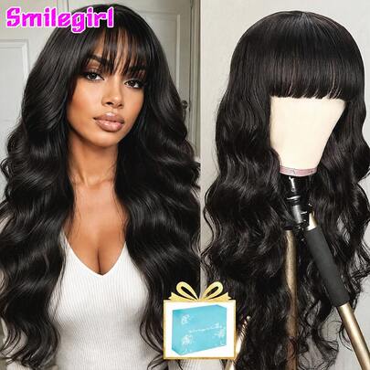 Smilegirl 28 Inch Body Wave Natural Color Human Hair Wig With Bangs None Lace Front Wigs For Black Women With Gift Box 200% Density Brazilian Virgin Hair Glueless Wigs Human Hair