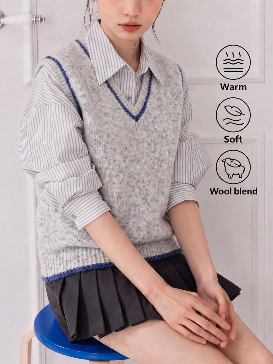 Women's Autumn Casual Minimalist Color Block Trim V-Neck Pullover Vest Fall - Light Grey - View 1