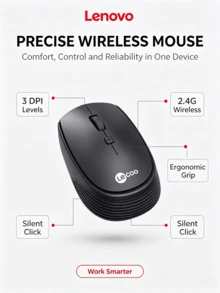 Lenovo WS202 Classic Red Dot Wireless Mouse: Ergonomic, Anti-Fatigue, Silent Buttons, Suitable For Office, Home, Laptops, Desktops, All-In-Ones, Business And Study Use - View 6