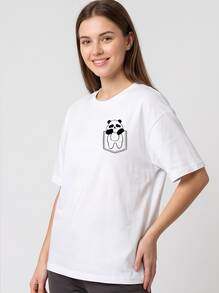 Casual Printed T-Shirt For Women, Short Sleeve Crew Neck With Cute Bear Pattern, Soft Material, Spring Summer Autumn Wear, Local Shipping - 白色 - 查看 2