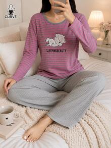 Embroidered Round Neck Comfortable Long Sleeve & Long Pants Women Pajama Set - Hot Pink - View 1