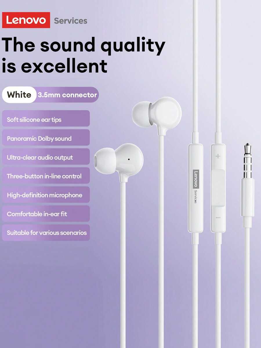 Lenovo YF05 Wired Earphones, In-Ear HIFI Sound Quality, High-Definition Microphone, Compact & Comfortable Fit, Inline Controls For Music & Gaming, 3.5mm & Type-C Connectivity, Compatible With Smartphones, Computers, Tablets - White - View 1