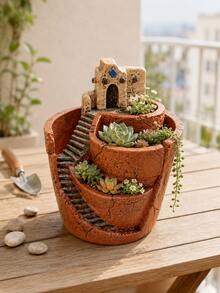 Mehrstöckiger Sukkulenten-Pflanzgefäß, Schloss- und Treppendesign, Harz Mehrkammer Blumentopf, kreativer Mikro-Landschafts-Pflanzcontainer, geeignet für Kakteen, Kräuter, kleine Blumen, Innen-/Außenbereich Schreibtisch Balkon Garten Dekoration Geschenk - Rotes kleines Lehmhaus - Übersicht 10