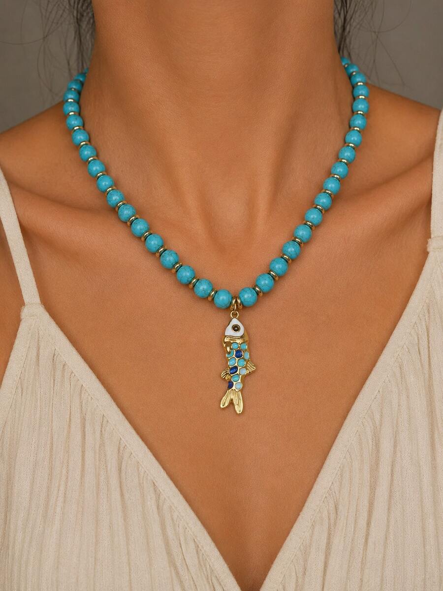 GARMEND 1pc Bohemian Vintage Turquoise Beaded Enamel Koi Fish Pendant Necklace For Women, Collarbone Chain For Vacation And Travel - Turquoise - View 1