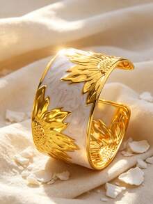 VceTd 1 Set Elegant Style Enamel Craft Floral Stainless Steel Women's Bracelet Suitable For Engagement/Dating - Yellow Gold - View 8