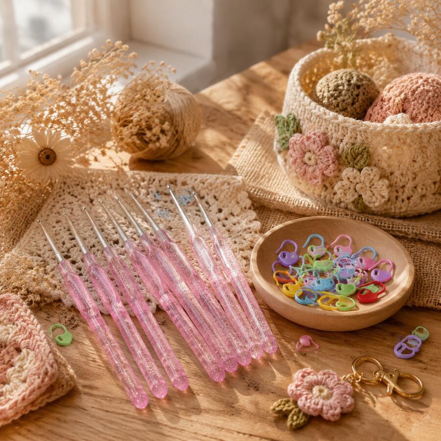 7pcs Pink Crochet Hooks + 30pcs Random Color Stitch Markers DIY Adult Crochet Set, Crochet Handmade Craft Kit - A - View 1