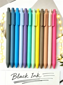 12pcs Gel Ink Pen Set, Retractable, Smooth Writing, Pastel Colors, Office Supplies, Diary, Study Stationery, Gift, Aesthetic Design, Student Stationery, Back To School Essentials - Solid Color Ballpoint Pen - View 1