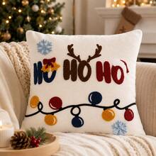 1pc Christmas Tufted Embroidery Pillow Case, 18x18 Inch Soft Plush HO HO HO Reindeer Holiday Cushion Cover, Festive Winter Home Decor, Suitable For Sofa Bed, Hidden Zipper, Without Insert - Beige - View 3