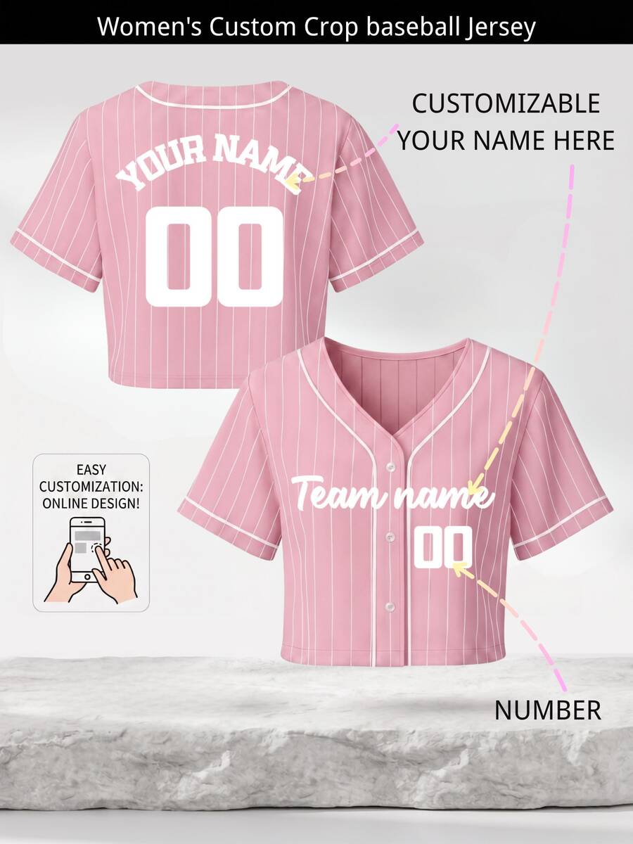 Kaos Baseball Crop Ungu Kustom dengan Nama dan Nomor Wanita, Panjang Pendek, Kancing Depan, Pakaian Olahraga, Seragam Tim, Atasan