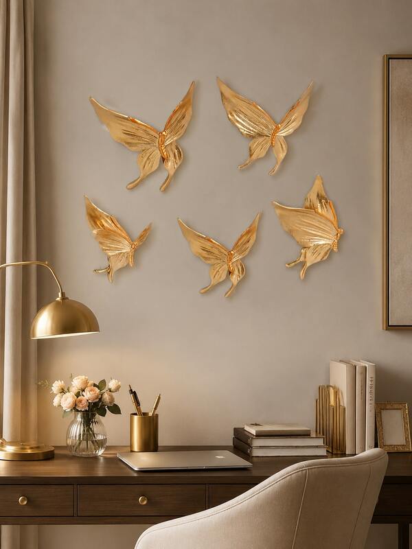 Set Of 5 Gold And White Butterfly Wall Decor, 3D Flying Butterfly Wall Sculptures With Elegant Metallic Accents, Modern Hanging Art For Living Room, Bedroom, Nursery, Hallway And Wedding Decor