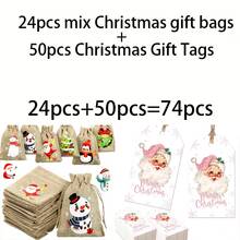 1/56/62/74pcs Of Burlap Christmas Gift Bags-With A Christmas Tag, Bulk Drawstring Bags For Christmas Parties, Suitable For Wallets, Additions, And Decorations, Available In 6 Styles Of Burlap Christmas Gift Bags - Multicolor - View 10