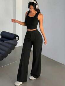 Plus Size Women's Elastic Daily Versatile Commute Minimalist Solid Color Long Pants With Pockets, Suitable For All Seasons, Leg-Shaping, Office Wear - Black - View 7