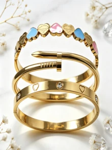 3pcs/Set 18K Gold Plated Stainless Steel Fashion Stackable Summer Women's Jewelry Colorful Heart-Shaped Bracelet Set, Waterproof And Fade-Resistant, Suitable For Daily Wear And Parties, Christmas Gift - Gold - View 4