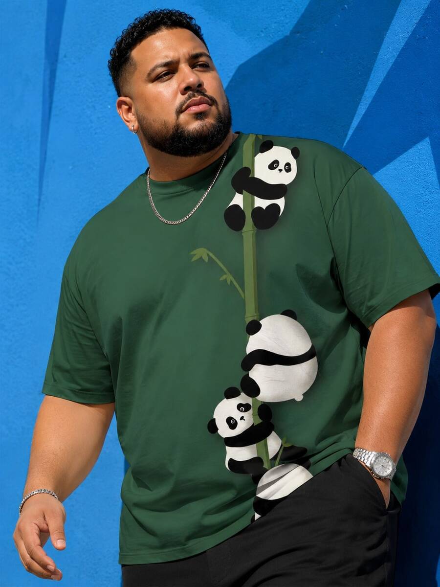 Pakaian Olahraga Kasual Streetwear Ukuran Besar Pria Seri Kartun "Panda Lucu Memanjat Bambu" Motif - Kain Rajut Poliester, Desain Leher Bulat - Hijau - View 1
