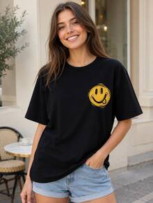 Loose-Fitting And Fun With A  Face Print T Shirt - Comfortable And Stylish Everyday Clothing - Very Suitable For Young People And Adults. - 黑色 1 - 查看 1