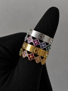 2Pcs Stainless Steel Plated 18K Gold Four-Leaf Clover Rings, Elegant Ladies Bangle Jewelry, Suitable For Daily Wear And Gift - SGS095 - View 4