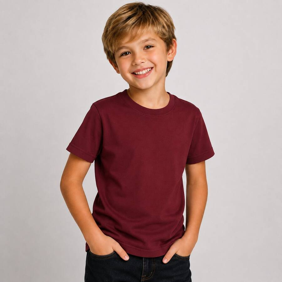 Boys' Basic T-Shirt 100% Cotton, Sizes 0 To 16, Lightweight And Breathable For Daily Wear, School, Outings, And Parties - 勃根地 - 查看 1