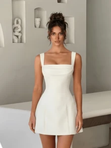 White Adjustable Shoulder Strap Back Tie Waist A-Line Flare Mini Dress - White - View 1