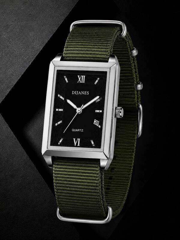 1PC Men's Green Nylon Strap Square Dial Quartz Watch, Business Quartz Watch, Silver Black Classic Rectangular Dial, Date Window Minimalist Retro Wristwatch, Suitable For Daily Commute And Gift Giving