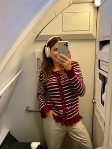 Joy Knit 女款秋冬針織開襟衫 時尚新款 基礎上衣 優雅條紋休閒簡約風 多鈕扣袖口下擺荷葉邊圓領 適合辦公穿搭 外出上衣 派對 新年 生日 海灘 節慶 - 酒紅色 - 查看 3