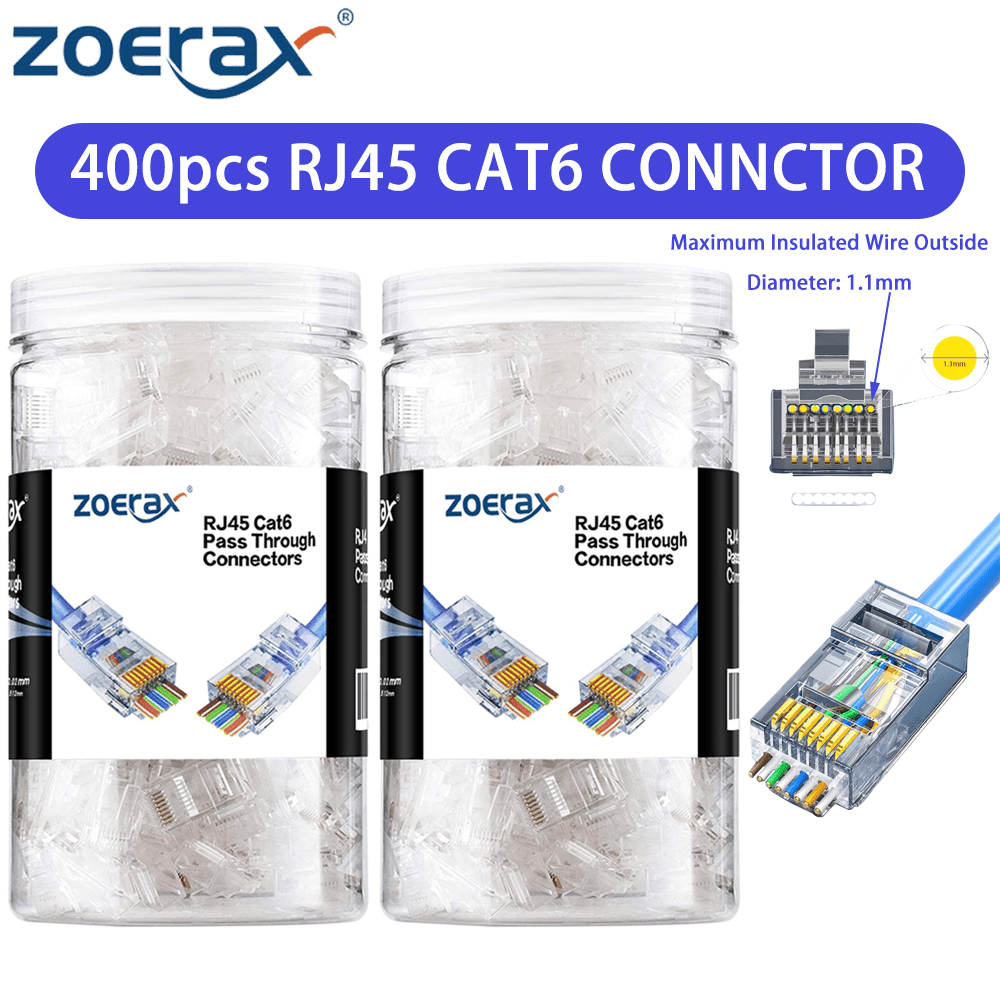 ZOERAX 400 قطعة موصل RJ45 CAT6 نافذ موصل مستقيم رأس كريستالي شبكة منزلية أسلاك مكتب مراقبة كابل شبكة قابس لأسلاك المنزل والمكتب