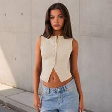 Summer New Knitted Simple Slim Sleeveless Solid Color Undershirt Undershirt Women - 杏色 - 查看 1