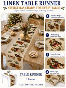 1pc Vintage Christmas Table Runner, Cute Puppy And Holly Wreath Pattern, Farmhouse Style Winter Holiday Decor, Christmas Home Kitchen Dining Table Decoration, Suitable For Family Gatherings And Parties - Multicolor - View 5