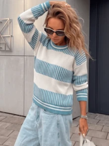 Women's Autumn/Winter Loose Round Neck Drop-Shoulder Long Sleeve Striped Casual Pullover Sweater - Blue and White - View 1