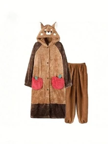 Women's Cute Cartoon Raccoon Hooded Flannel Bathrobe, Thick Soft Plush Loungewear, Non-Stretch Machine Washable Warm Home Robe, Suitable For Cold Winter Indoor, Bathroom And Christmas, Comfortable Breathable Absorbent Quick-Drying, Applicable For Home/Spa/Hotel/Leisure - Multicolor - View 6