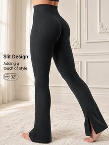 VOYJOY Flare Split Hem Leggings For Women Tummy Control Workout Leggings Nasreen Hidden Scrunch Bootcut Gym Yoga Pants  Summer Leggings For Women - 黑色 - 查看 1