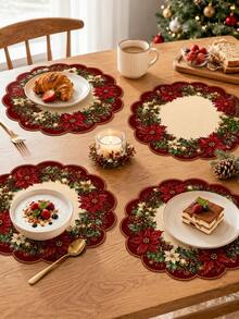 Red Poinsettia Christmas Placemat, White Christmas Flower, Holly Leaf, Berry And Gold Bell Wreath Print Table Mat, Suitable For Christmas Dinner, Family Gathering, Table Setting And Holiday Home Decor - Multicolor - View 2