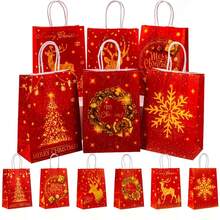 36/72/114pcs Christmas Gift Packaging Bags In Red, Party Hand-Held Gift Bags, Reindeer Snowflake Christmas Wreath Design Kraft Paper Bags, Suitable For Holiday Decorations Such As Anniversaries, With Christmas Stickers - Multicolor - View 2
