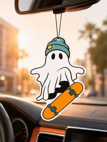1pc Cool Skateboard Ghost Halloween Car Air Freshener, Hanging Long-Lasting Fragrance Aromatherapy Pad, Lightweight Durable Mirror Pendant, Spooky Car Decor, Multi-Purpose Closet Office Storage Cabinet Ornament, Suitable For Male And Female Drivers Holiday Gift - A - View 2