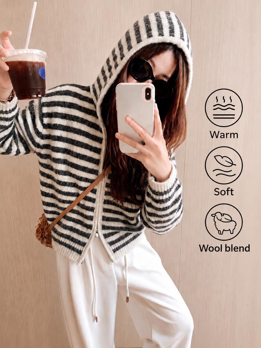 Women's Autumn/Winter Wool Blend Casual Minimalist Vintage Classic Striped Hooded Knit Cardigan Sweater - Oatmeal - View 1