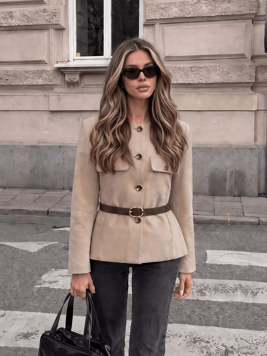 GDDYIN Women's Autumn New Elegant Retro Style Commuting Outfit Solid Color Front Buckle Belt Slim Fit Jacket Fall - Beige - View 1