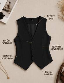 Kit 2 Colete Alfaiataria Feminino  Decote em V com Botões Forrados Casual e Elegante Tendencia Verão - Preto e Marrom - Visão 5