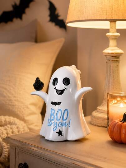 萬聖節幽靈與烏鴉樹脂小雕像 BOO To You 桌上裝飾，白色恐怖幽靈雕像，適用於壁爐架、層架、玄關桌、分層托盤、壁爐，派對裝飾，秋季居家裝飾，兒童鬼屋禮物，秋季層架裝飾