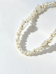 1pc Fashion Minimalist Faux Pearl Butterfly Asymmetric Anti-Pearl Beaded Phone Lanyard - White - View 6