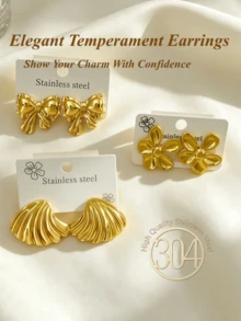12pcs/6 Pairs, Gold Stainless Steel Earring Set, Bow, Flower, Heart And Various Geometric Designs, Hypoallergenic Stainless Steel Earrings Set, Easy To Match With Daily And Party Outfits, Perfect Christmas/Halloween Gift For Female Friends And Mothers - Gold Sequin Set - View 5