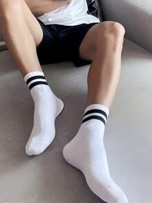 24 Pairs/20 Pairs/18 Pairs/15 Pairs/10 Pairs/6 Pairs/4 Pairs/2 Pairs/1 Pair Black And White Striped Thick Mid-Calf Socks, Comfortable And Breathable Business Casual Socks. Shark Series Soft, Lightweight, Odor-Resistant Unisex Sports Socks, Warm For Autumn And Winter - Multicolor - View 2