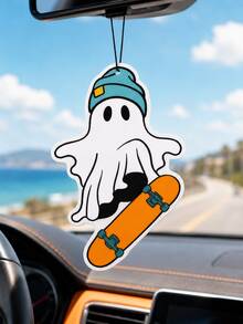 1pc Cool Skateboard Ghost Halloween Car Air Freshener, Hanging Long-Lasting Fragrance Aromatherapy Pad, Lightweight Durable Mirror Pendant, Spooky Car Decor, Multi-Purpose Closet Office Storage Cabinet Ornament, Suitable For Male And Female Drivers Holiday Gift - A - View 4