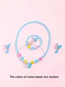 5pcs/Set Children's Butterfly Beaded Jewelry Set Necklace Bracelet Ring Ear Clips Little Girl Princess Costume Accessories - one-size - View 9