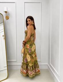 Long Dress With Three-Tier Smocked Bodice, Multi-Way Neck Tie, Front-Only Boho Elegant Style, Ruched, Floral Hem With Ruffle, Backless, Wedding 09 - 橄欖綠花卉 - 查看 2