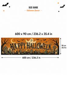 1pc Halloween Banner, Vintage Orange Happy Halloween Letters With Pumpkin, Ghost, Black Cat, Skeleton Monster Print, Suitable For Porch, Yard, Wall And Holiday Party Decoration - Vintage Cartoon - View 20